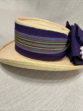 La Giralda Vintage Straw Hat .. Purple multi colored cotton trim